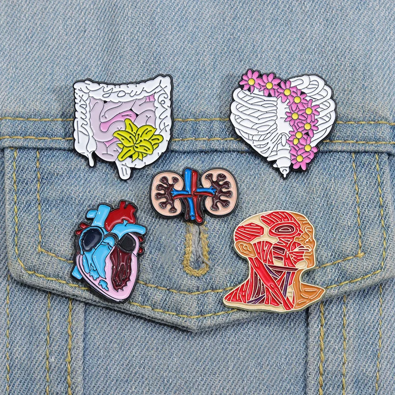 Sweet Floral Medical Organ Series Rib Kidney Heart Shaped Brooch Punk Metal Enamel Badge Clothing Pins Accessories Jewelry Gifts