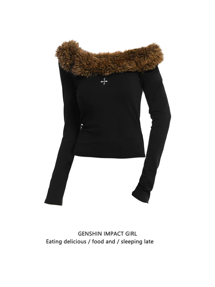 

Women's Black Slash Neck T-shirt Harajuku Korean Y2k Tee Top 2000s Clothes Aesthetic Fashion Long Sleeve Vintage T-shirts Autumn