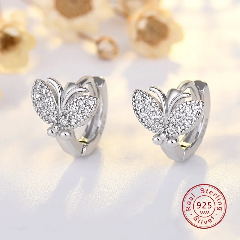 New Butterfly Hoop Earrings For Women Shiny CZ Gold Color 925 Silver Needle Jewelry With Stamp For Gifts