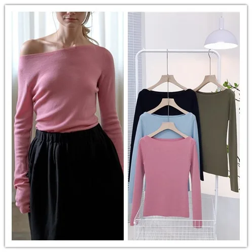 

2025 Spring Elastic Cashmere Clear Cold Wind One-word Collar Off-shoulder Slim-fitting Thin Knitted Sweater with Top