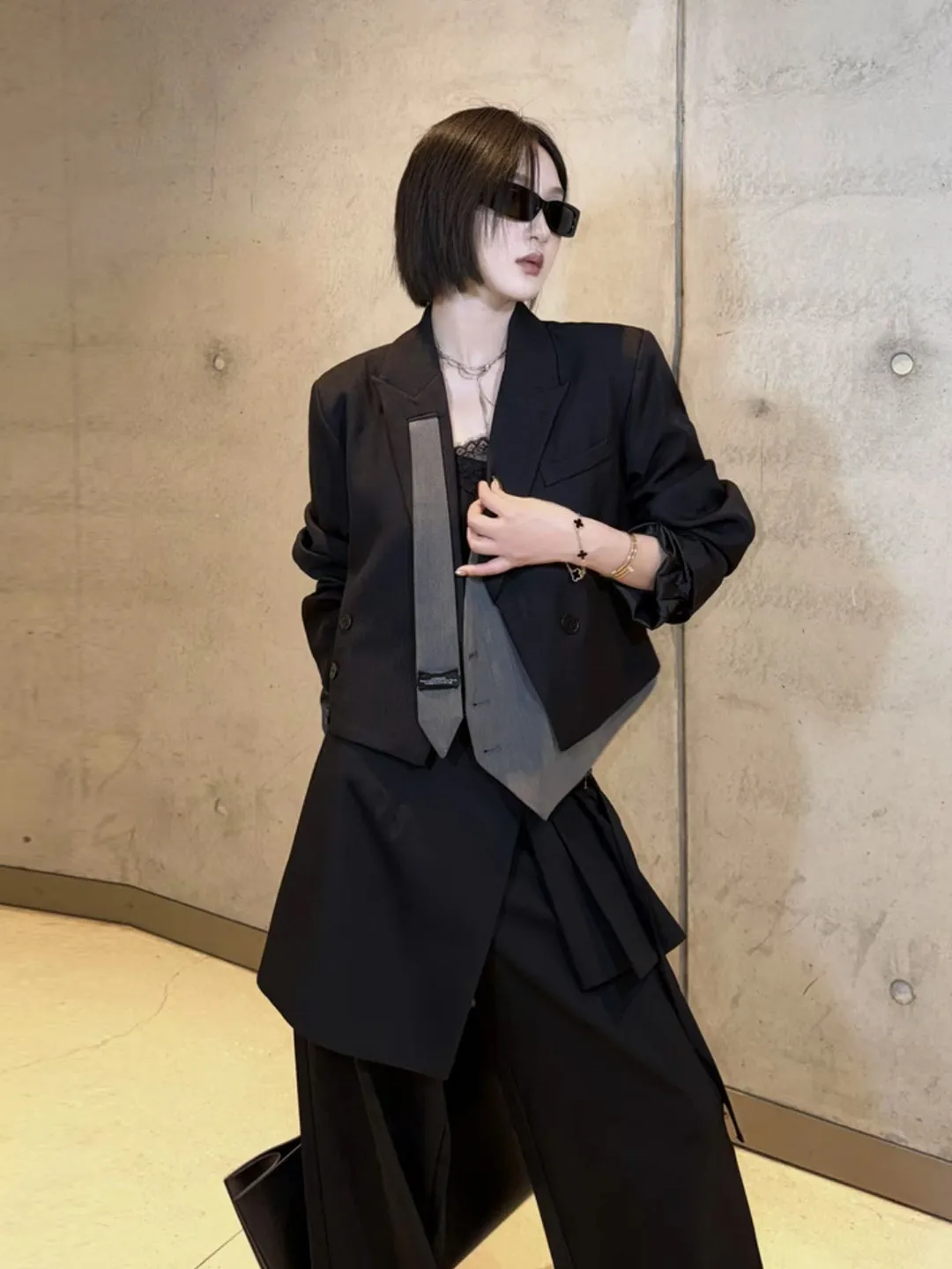 plus Size Women's Suit Jacket Autumn Trendy Loose Fit Slimming Outerwear French Style Asymmetrical Tie Splicing Design