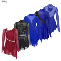 Vestido de patinaje sobre hielo para mujer, danza lírica, Ballet, gimnasia, leotardo, tutú de manga larga con diamantes de imitación, Ropa de baile puesta en escena