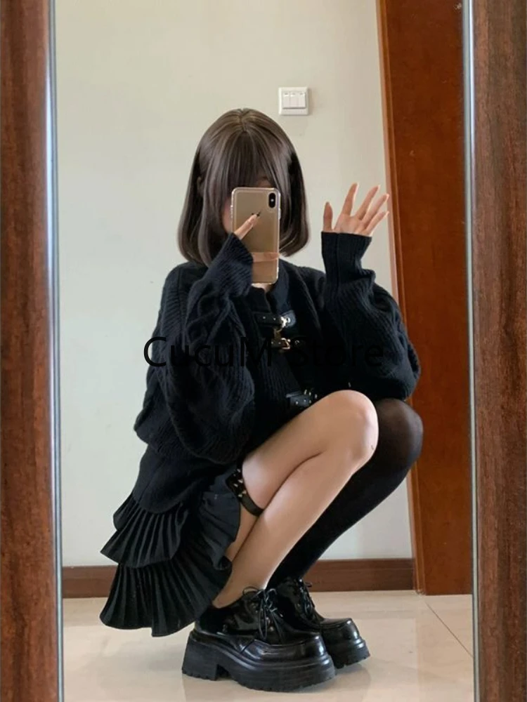 2023 Autumn Black Elegant Clothing Suit Casual Sweater Tops + Slim Y2k Mini Skirt Party Korean Fashion 2 Piece Skirt Set Woman