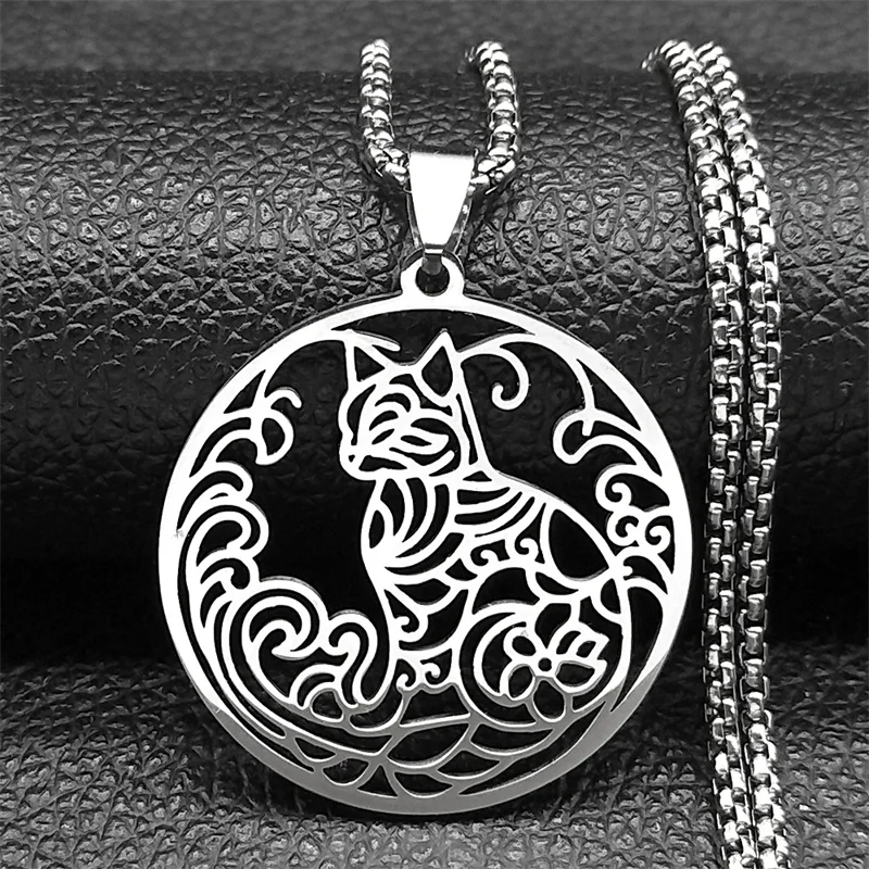 New Hip-Hop Style Stainless Steel Cat Personalized Pendant Necklace For Men Women Black Hollow Flower Animal Jewelry Gifts