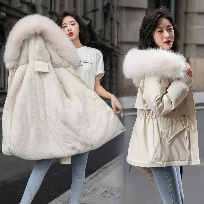Hooded Women Parkas Coats Mid Lenth Oversize Jacket Solid Drawstring Waist Fur Collar Zipper Loose Elegant Casual 2025 Winter