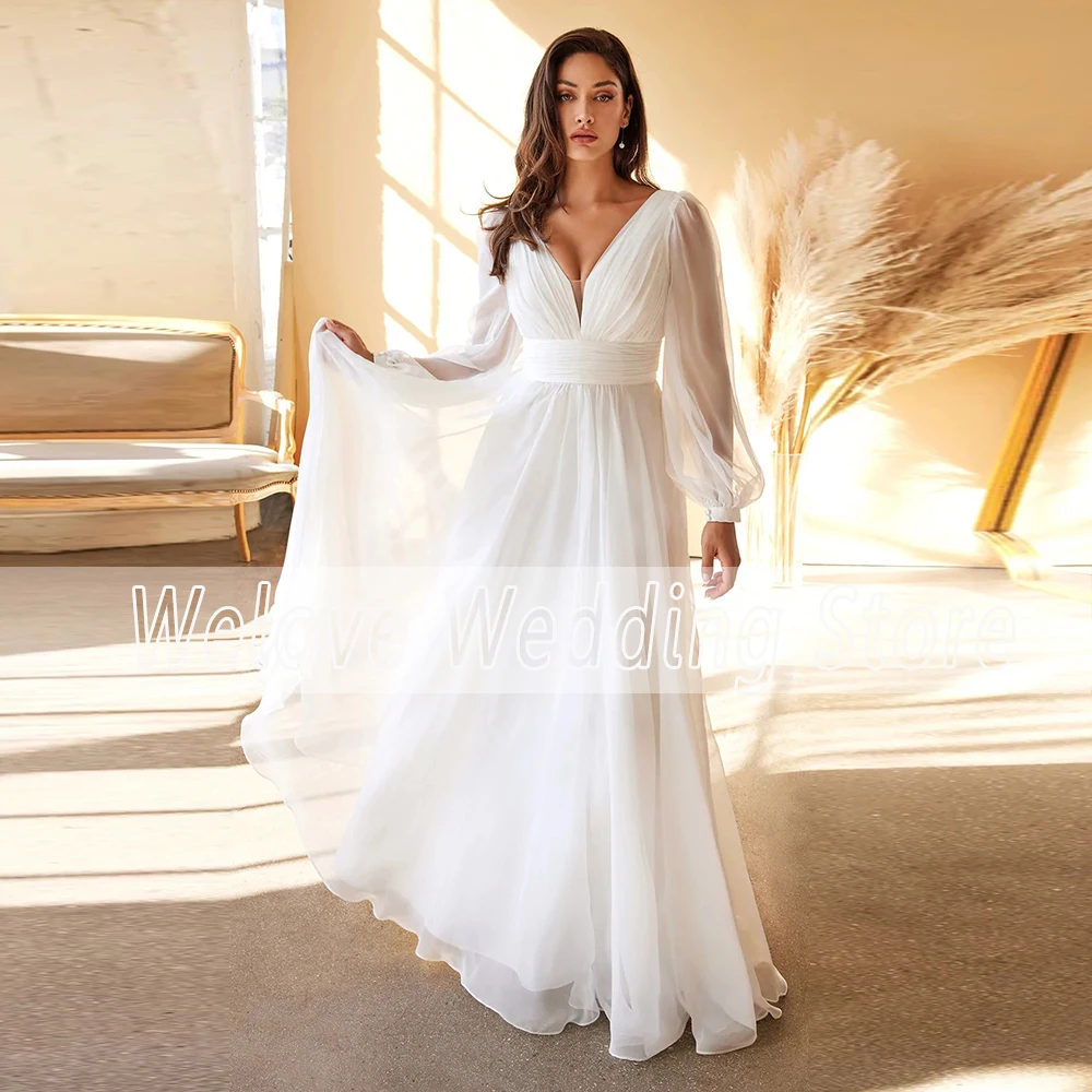 Barato chiffon vestido de casamento manga longa plus size para a mulher até o chão com decote em v aberto para trás simples vestido de noiva vestidos