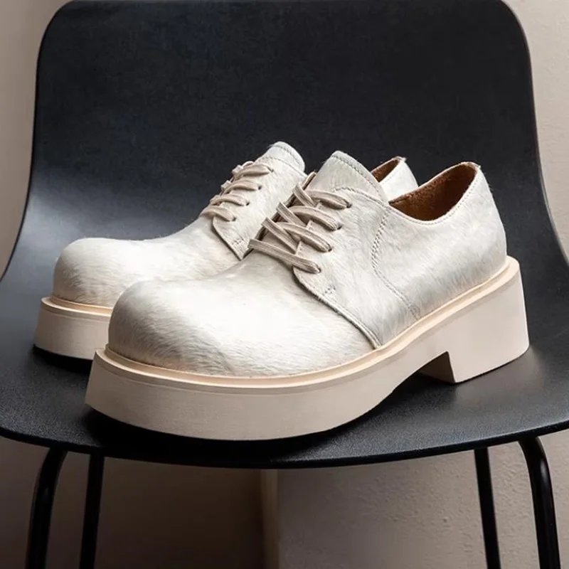 Street Gothic Horsehair Shoes Man White Round Toe Height-increasing Leather Shoes Thick-soled Runway Casual Dress Shoes Male