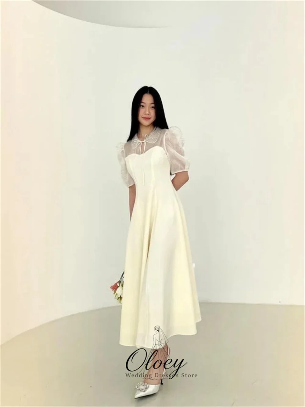 OLOEY Elegant Pale Yellow Peter Pan Collar Korea Wedding Photo Shoot Dress A-Line Tea-length Reception Dress 2026 Customized
