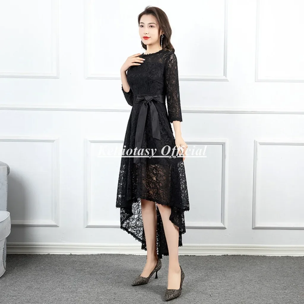 

Customized High Low Evening Dresses With Quarter Sleeves Elegant Lace Women Black Evening Party Dress YSM144