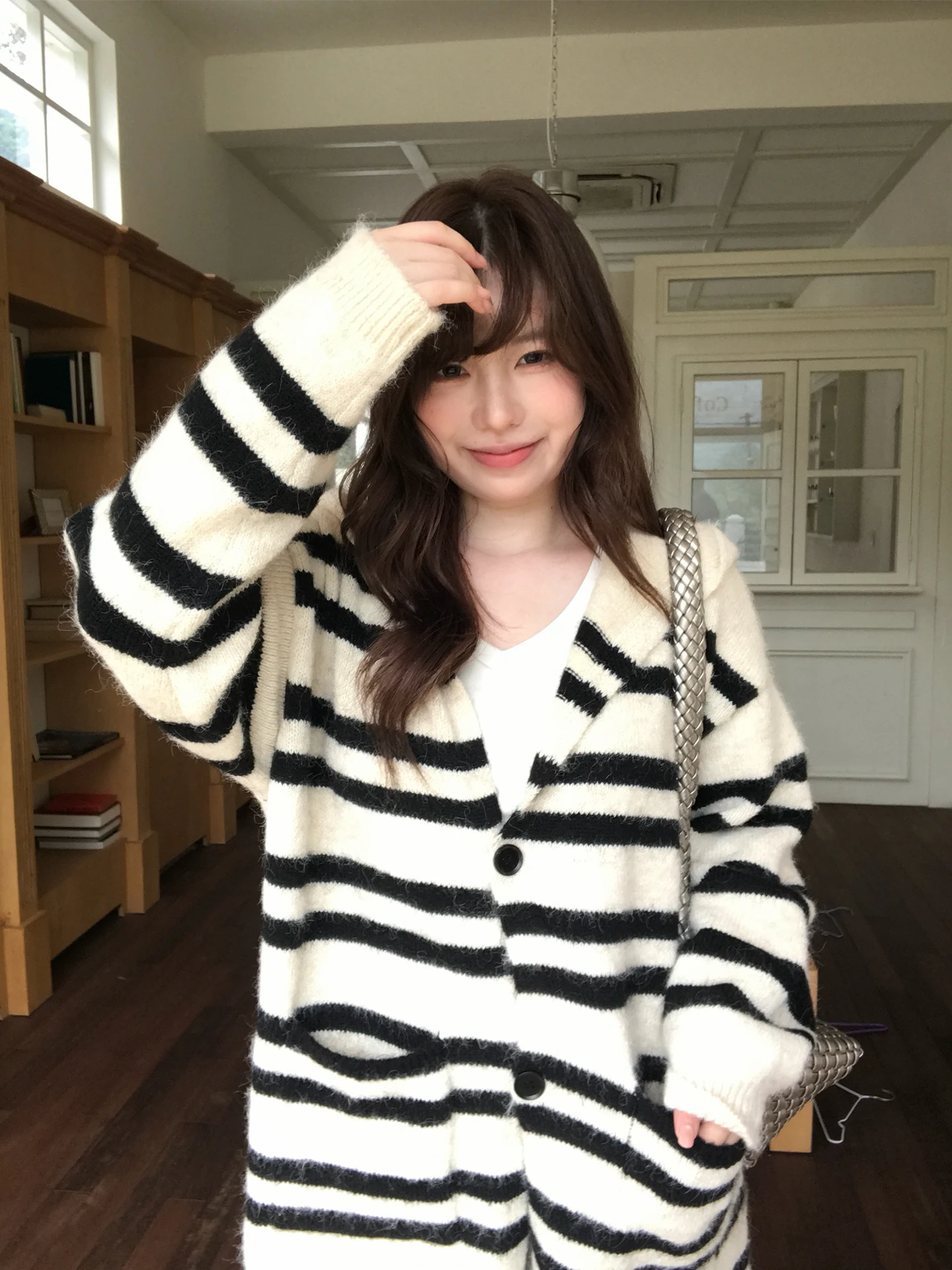 

Vegetable Orbs Lazy Sle Striped Hooded Knitted Sweater Jaet Mid-Length Korean Sle Commute Wind Pure Color Autumn Season