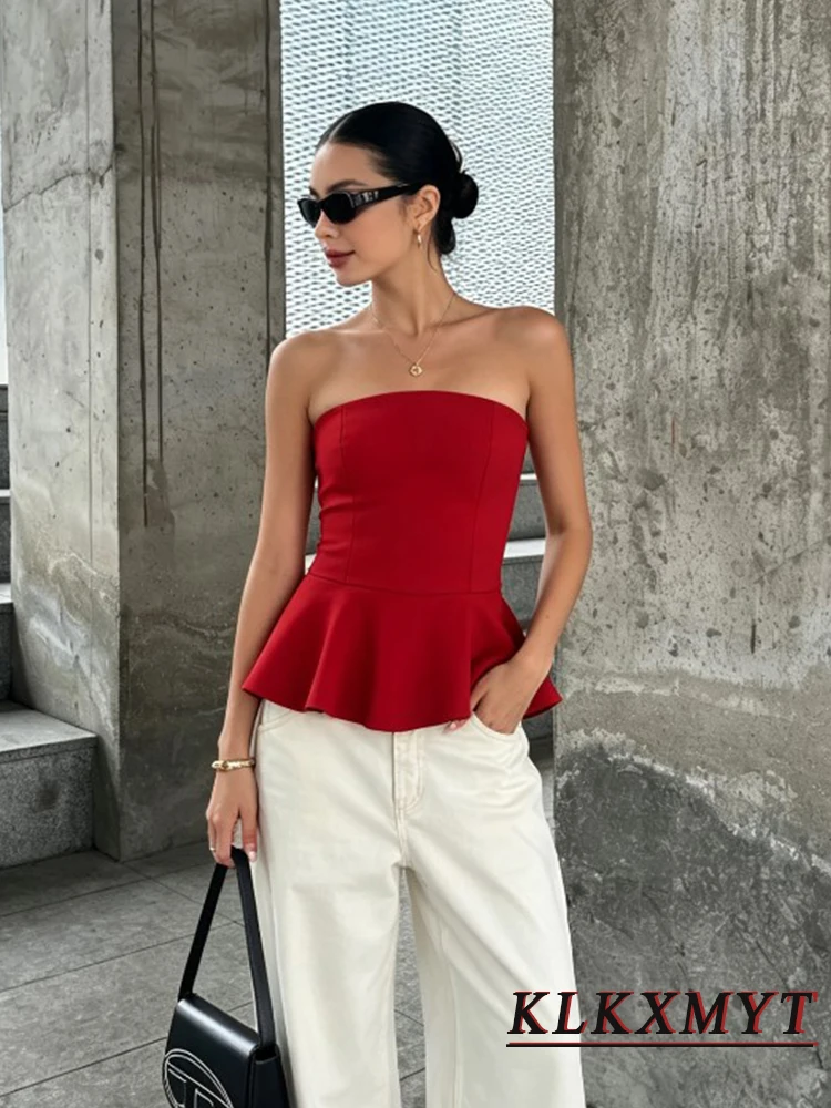 Women Fashion Polka Dots Vest Sexy Elegant  Sleeveless Backless Strapless Wrinkles HemTop Summer Leisure Tank Top