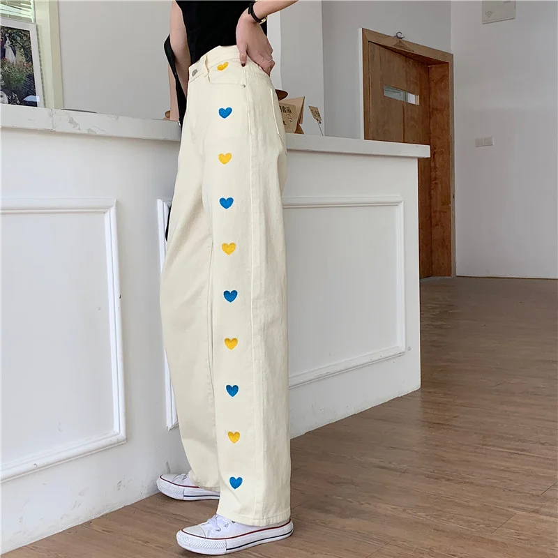 

Women Apricot Jeans Embroidery High Waist American Wide Leg Pants Fashion Y2K Baggy Vintage Female Autumn Straight Trousers