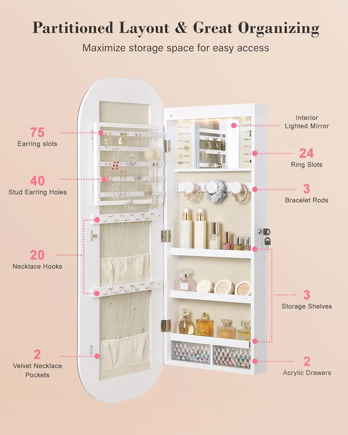 LED Mirror Jewelry Cabinet, Rounded Jewelry Armoire Cabinet, Lockable Wall or Door Mounted Jewelry Organizer with Inter