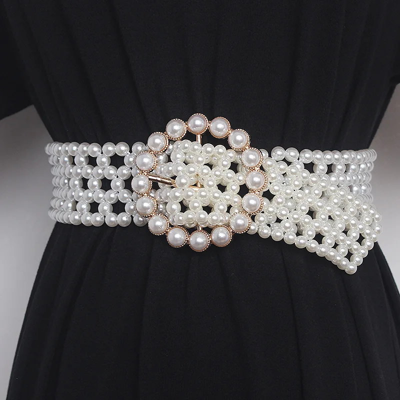 Women's pearl belt fashion show decorative belt outer wear elastic belt to match dress coat leggings fashionable all-match women