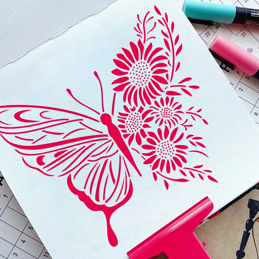 4개 나비 & 꽃무늬 스텐실 세트 - 천사 견적 DIY 페인팅 템플릿, 재사용 가능한 아트 스텐실