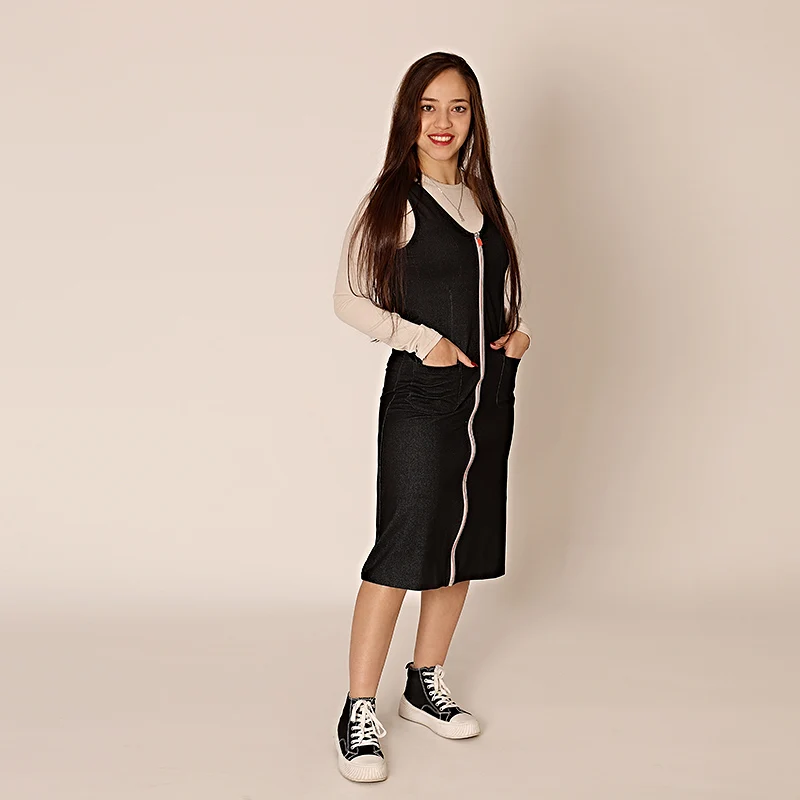 AA SS25 - Lady Women Sleeveless Dress Denim Zippered Jumper with Ribbed Tee in 2 Colors and Long Sleeves Tee Shirt Sizes XS-XXL