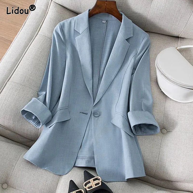 Temperament Notched Button Solid Color Loose Office Lady Fashion Formal Casual Blazers Women's Clothing Spring Summer Thin Tops