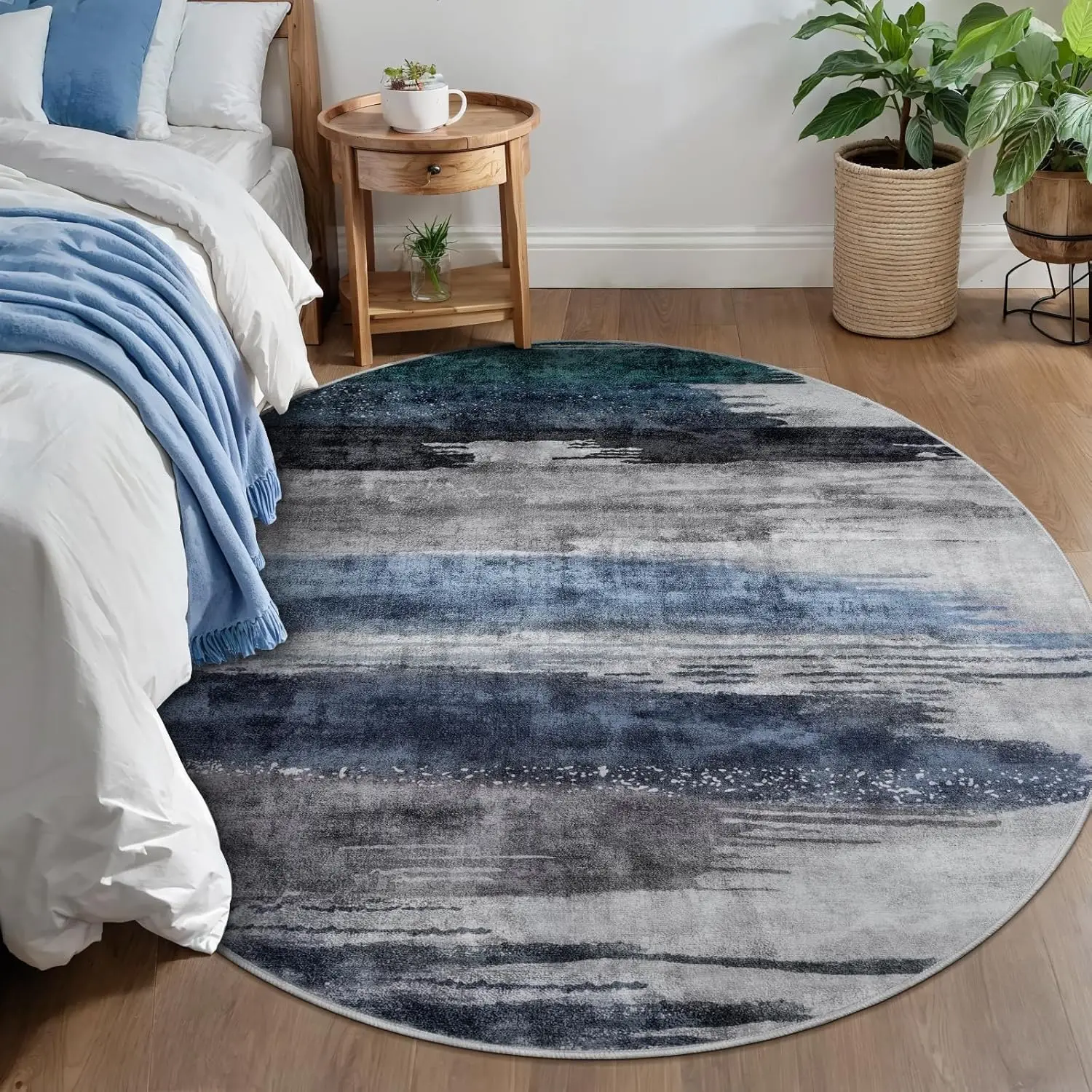 Layered Blue Gray Abstract Round Rug Horizontal Stroke Design for Minimalist Interior