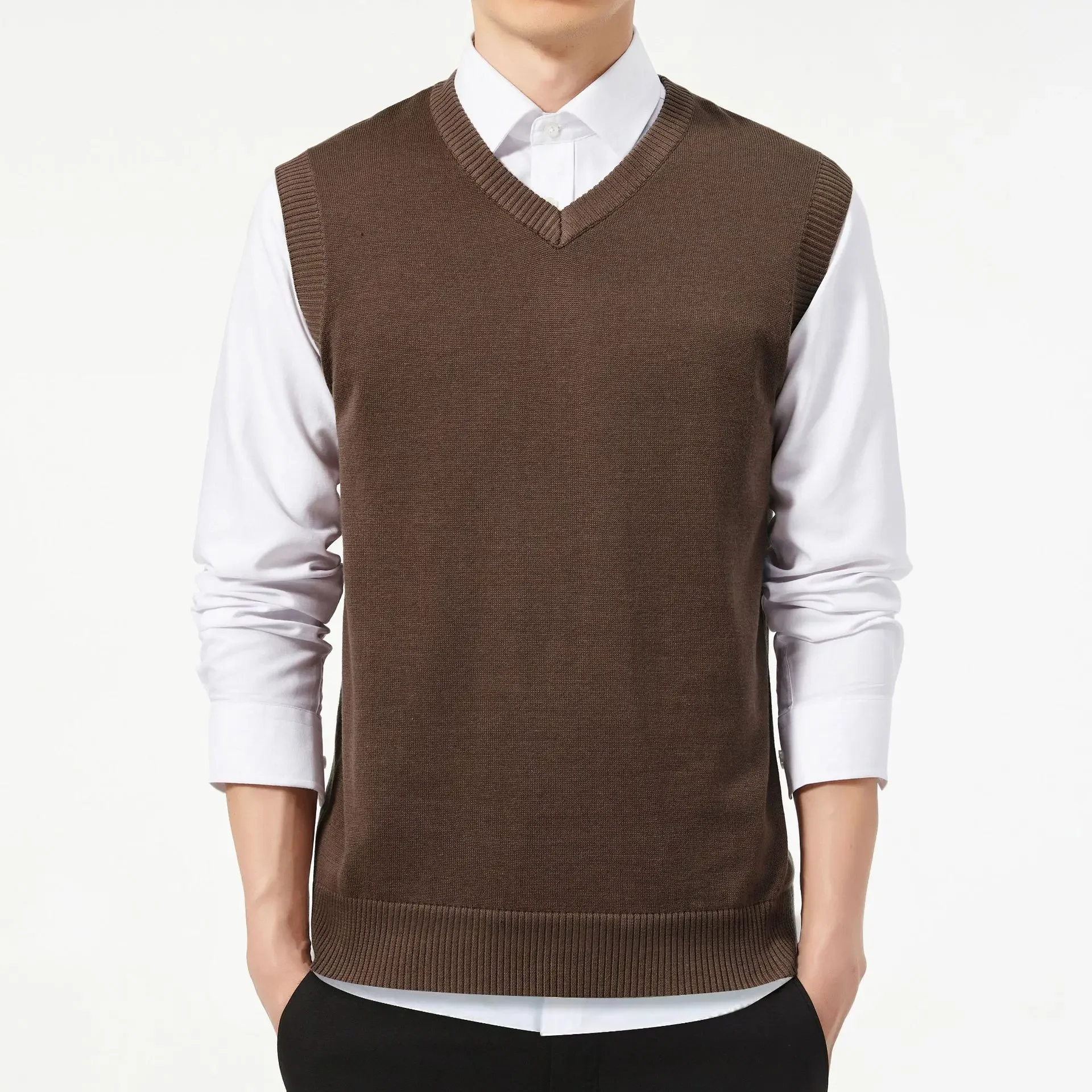 Spring Autumn Knit Vest Male Casual Sweater V-Neck Waistcoat Man Warm Sweaters Vest Knitwear Jumpers Sleeveless Vest Man Clothes