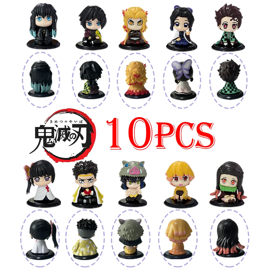 10 sztuk/zestaw Figurki Demon Slayer w wersji Q, siedzące, zabawki anime Kimetsu no Yaiba, Tanjiro, Nidouzi, Inosuke, figurki PVD, model lalki