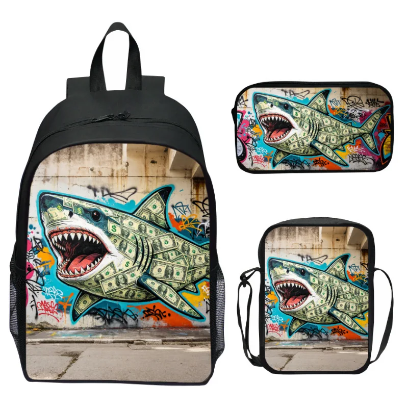3Pcs/set Shark Eagle Print Backpack Set Large‑Capacity School Bag Cross‑body Bag & Pencil‑Case Rucksack for Teen‑Kids Gear