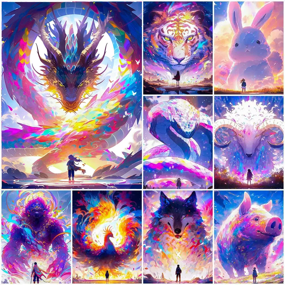 5D Diamond Painting Tiger Animal Twelve Zodiac Craft Kit Embroidery Dog Horse Dragon Wall Decor Rhinestones Diy Gift