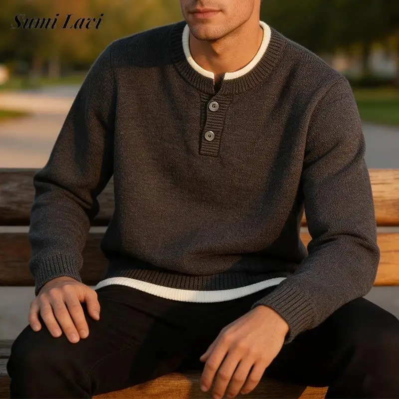 Stylish Double-layerd Knitting Polo Shirts Men Fall Leisure O Neck Long Sleeve Shirt Daily Casual Solid Color Knit Pullover