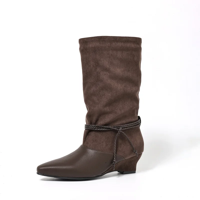 Fashion Women's Boots Slip On Mid Calf Platform Boots For Woman Trend 2026 New Women's Autumn Shoes Western Wedge Shoes Female