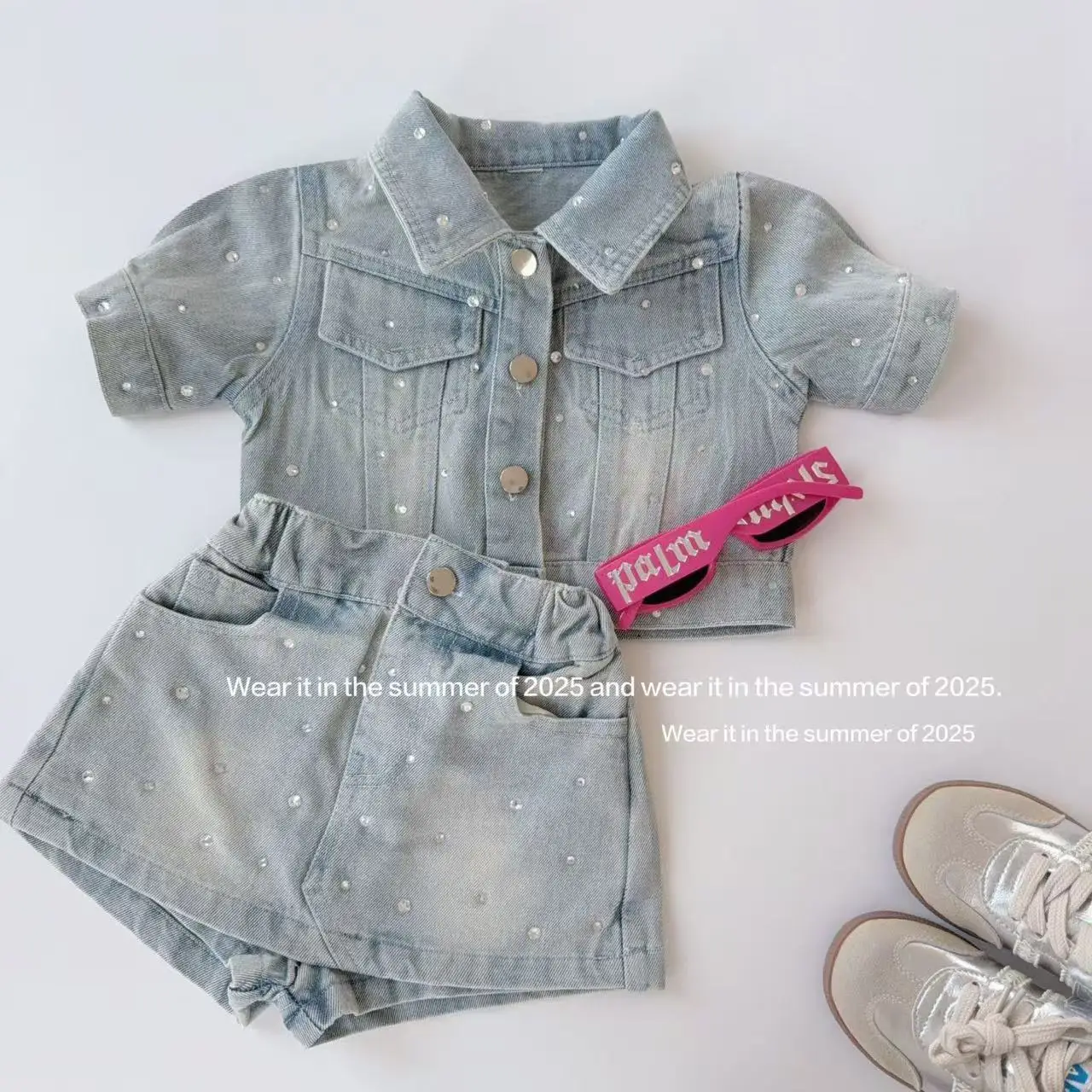 Girls Spring Summer 2025 New Bright Diamond Denim Suit Do Old Retro American Heavy Industry Skirt 2-piece Set 90-170cm