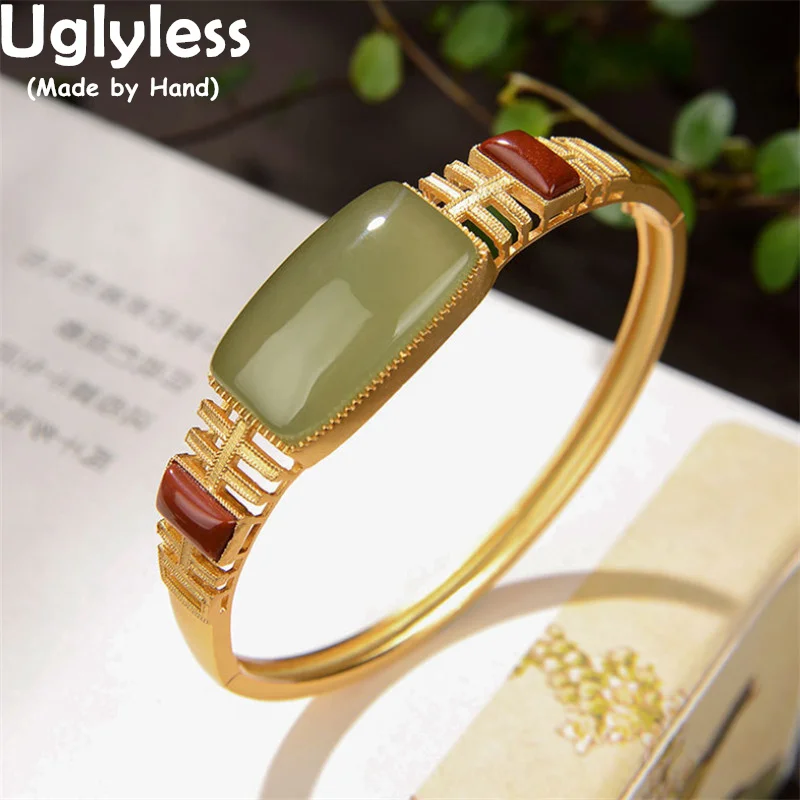 

Uglyless Oriental Flavor Square Jade Agate Bangles for Women China Chic Double XI Hollow Gold Bangle 925 Silver Gemstone Jewelry