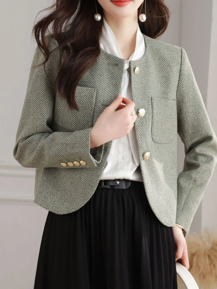 Jmprs Korean Chic Tweed Jackets Women Casual Fashion Long Sleeve Elegant Coat Sweet O Neck Female Fall Winter Outwear Tops New