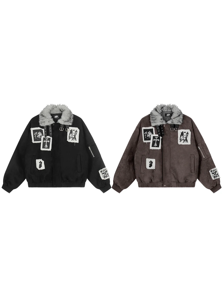 

TR BRUIFT American Retro Thiened Suede Collar Eagle Jaet Cotton Warm Casual Long Sve Coat for Men in Winter