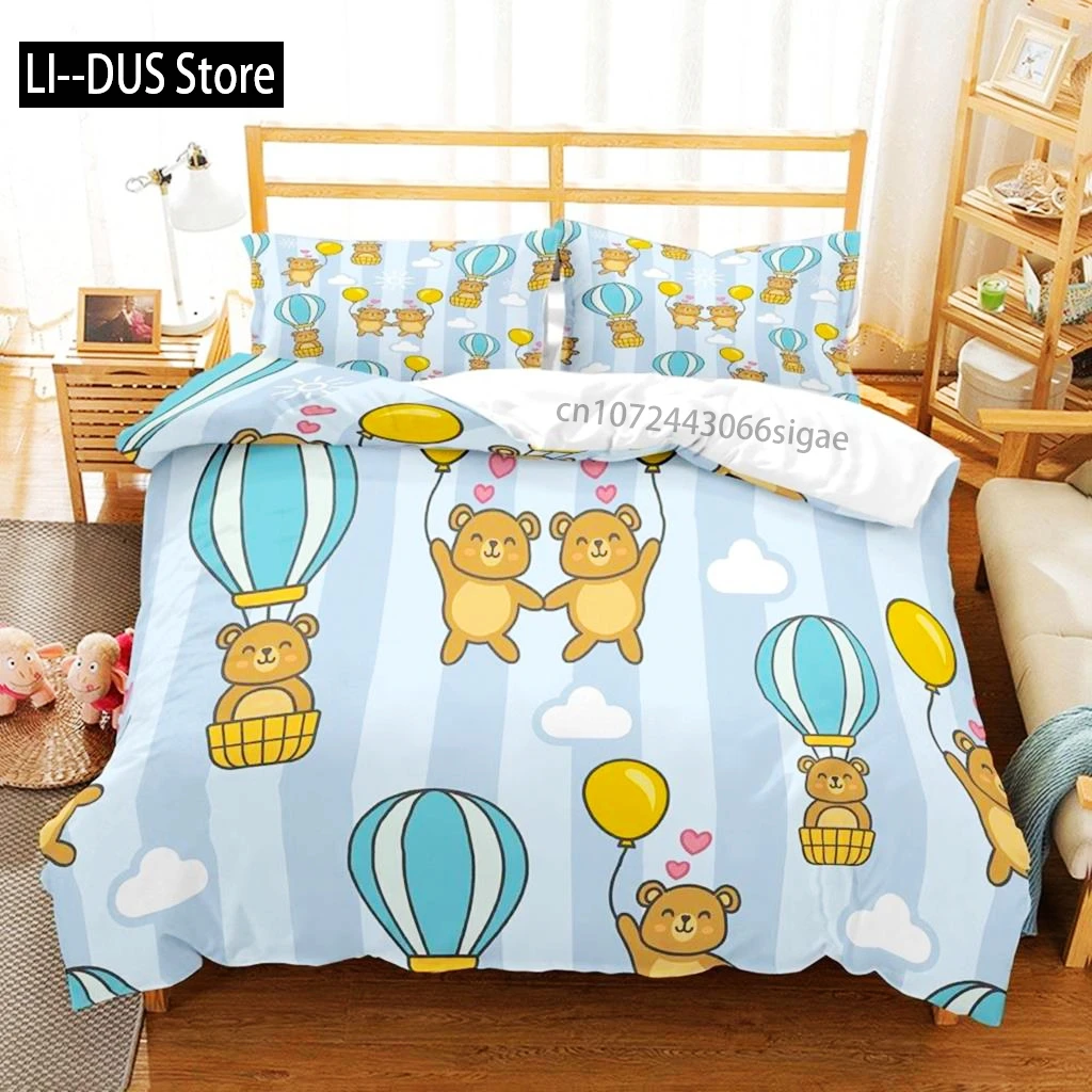 

Balloon Duvet Cover Set King Twin Size Polyester Hand Painted Style Floating Hot Air Balloons With Clouds Moon Print Bedding Set