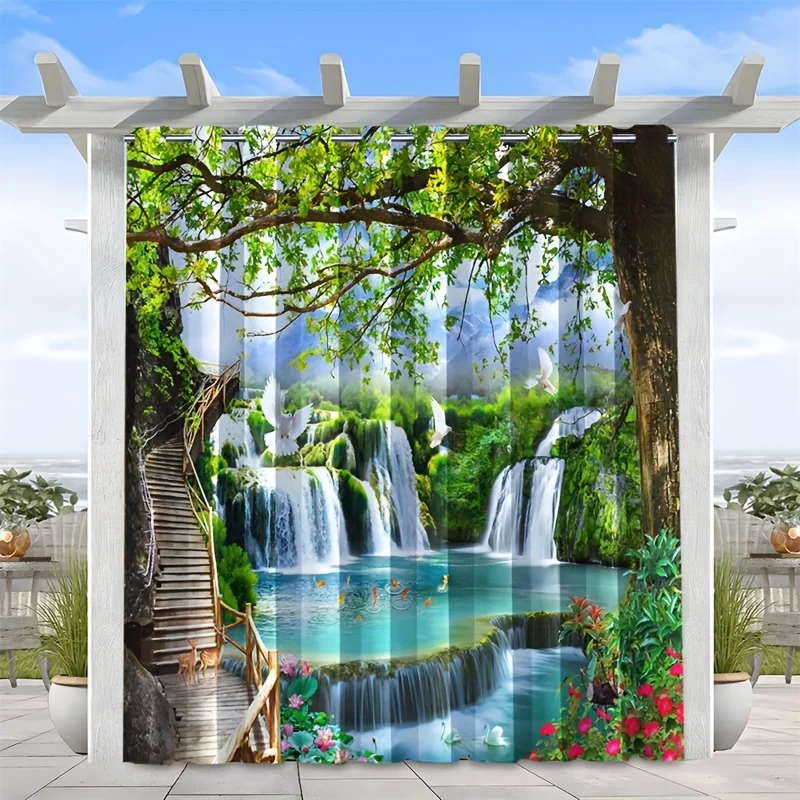 1 pc Outdoor Waterproof And Oil-proofCurtains, Modern Sunshade CurtainStall Road Waterfall Scenery Print Curtain For Living Room