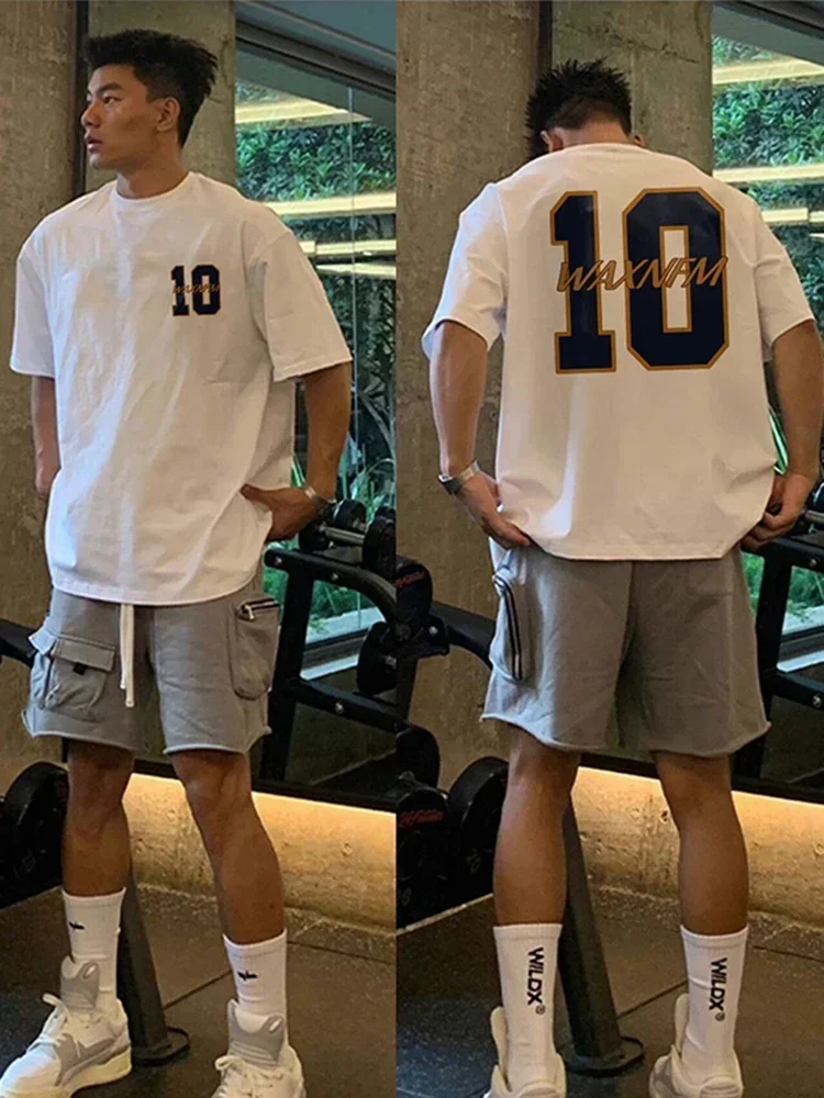 2025 جديد حار عصري العلامة التجارية الإبداعية الرقمية 10 تي شيرت الرجال المقلية الشارع فضفاض صغير العنق نصف كم الهيب هوب الثقيلة