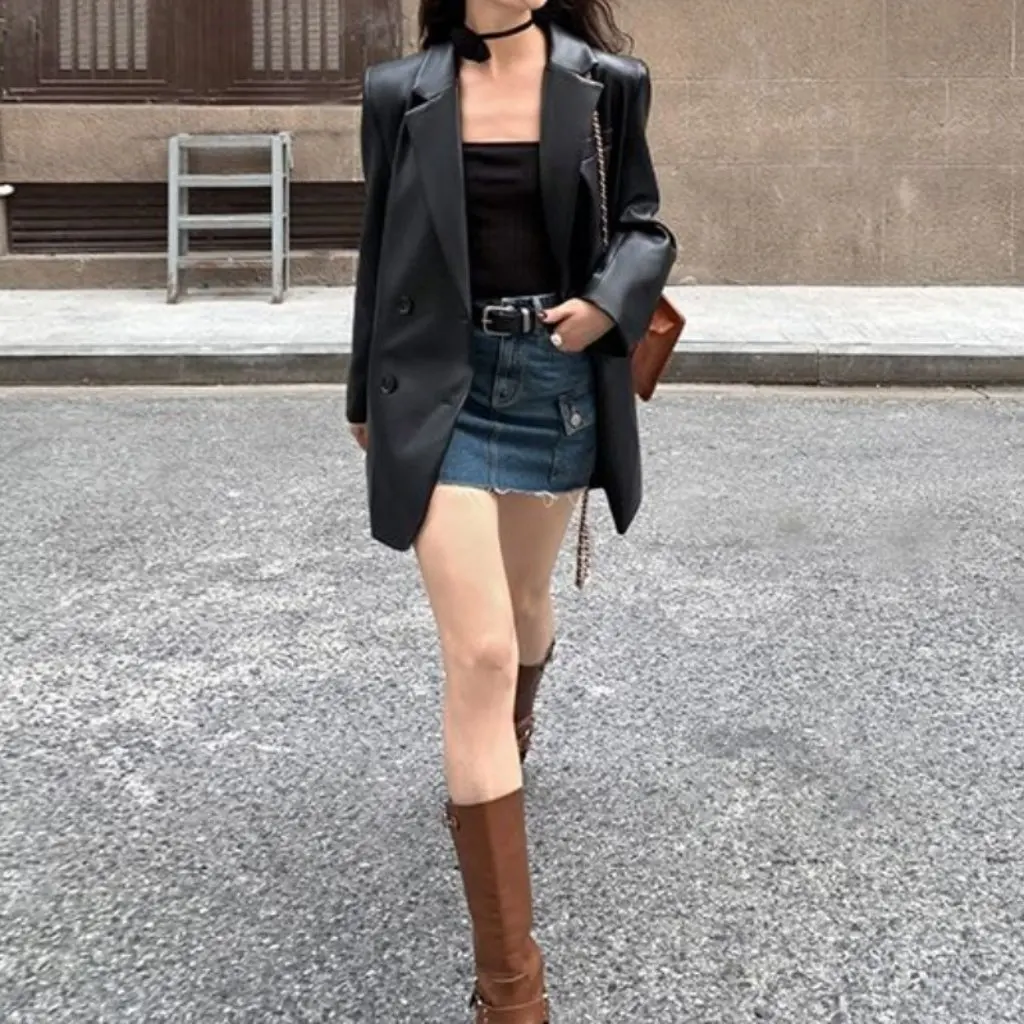 

Women's High-End PU Leather Suit Jacket Black Casual Loose Fashion Design Elegant Streetwear