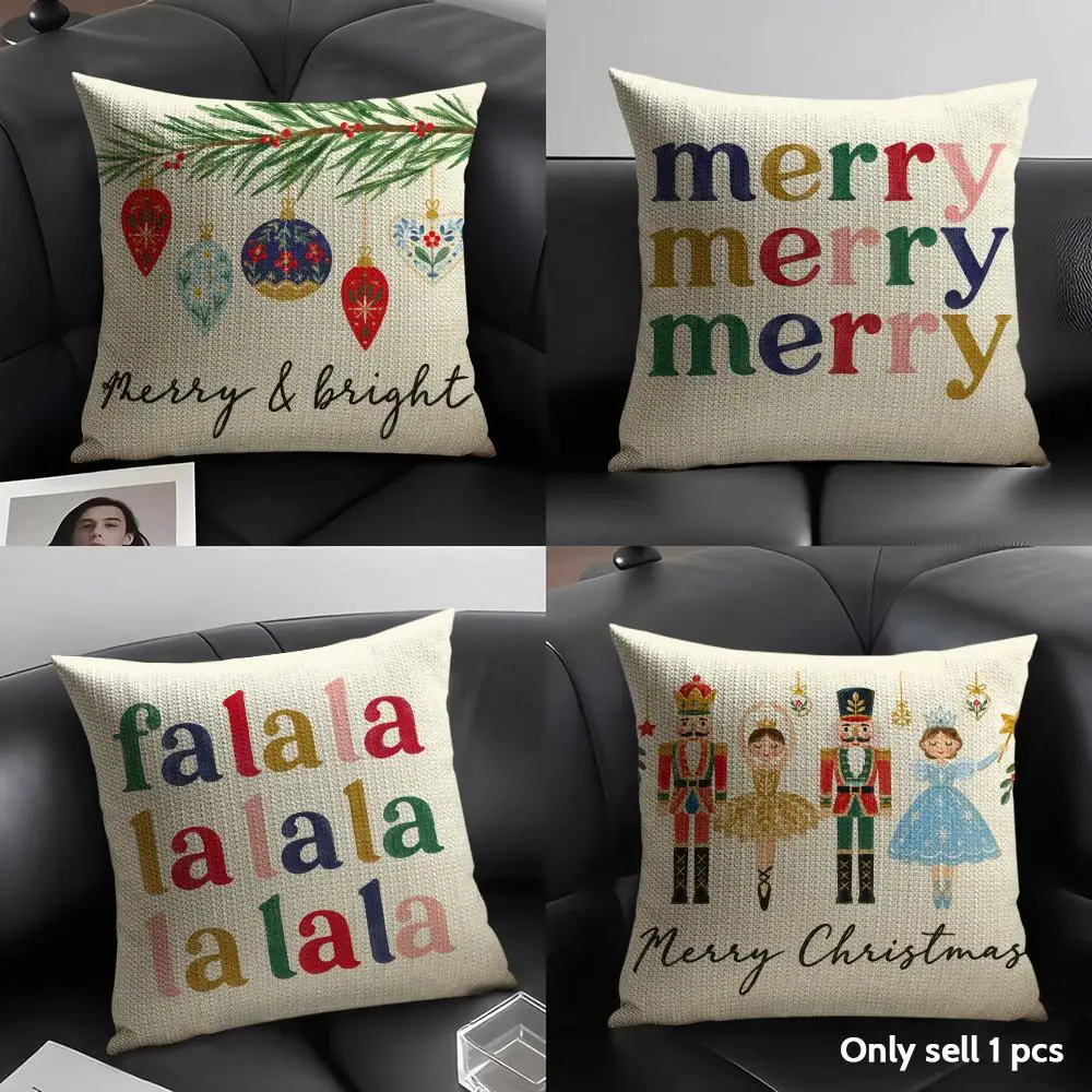 4PC Nutcracker Letter Christmas Cushion Cover Linen Fabric Double-Sided Printing Breathable Pillow Case for Sofa Home Decor Gift