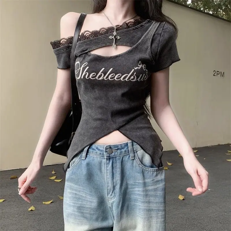 

Hollow Out Sexy Lace Patchwork Tops Summer New Short Sleeve Irregular Slit Hem Y2K Short T Shirts Fashion Korean Women Clothing