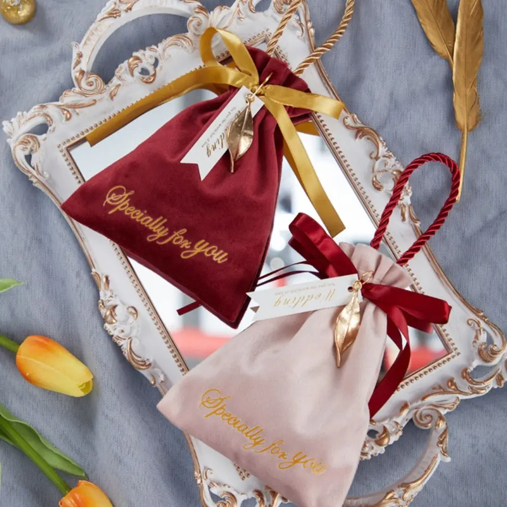 Velvet Ribbon Bow Drawstring Bag Satin Bow Festive Sugar Bag Ribbon Bowknot Handbag Letter Large Capacity Wedding DIY Candy Bag