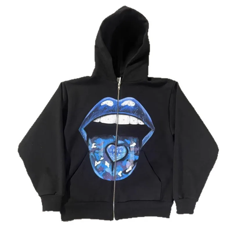 Mouth Print Zipper Hoodie Women European American Harajuku Long Sleeved Pullover Hoodie Retro Jacket High Street Trend Coats New