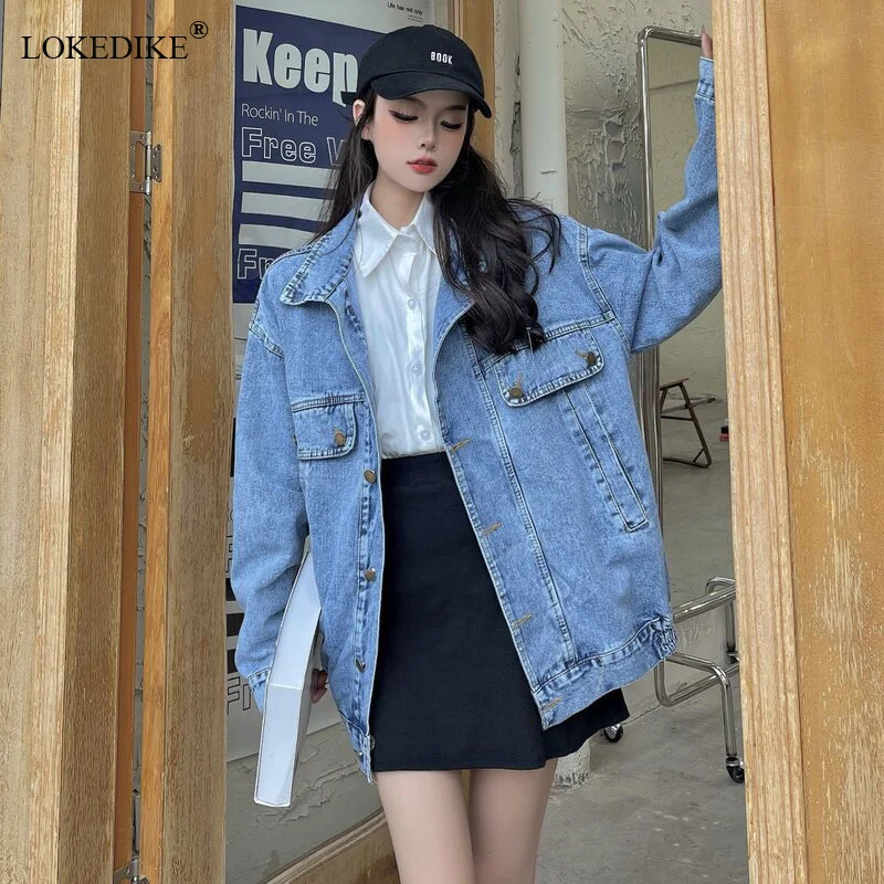 

Harajuku Style Vintage Blue Denim Jackets Women Oversized Jean Coat Outerwear 2022 New Spring Loose Solid Female Jacket