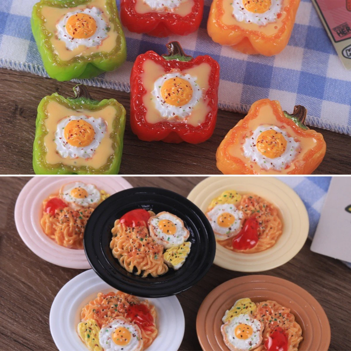 100pcs Kawaii Cheese Poached Egg Pepper Italian Egg Noodles Resin DIY Keychain Pendant Dollhouse Accessories