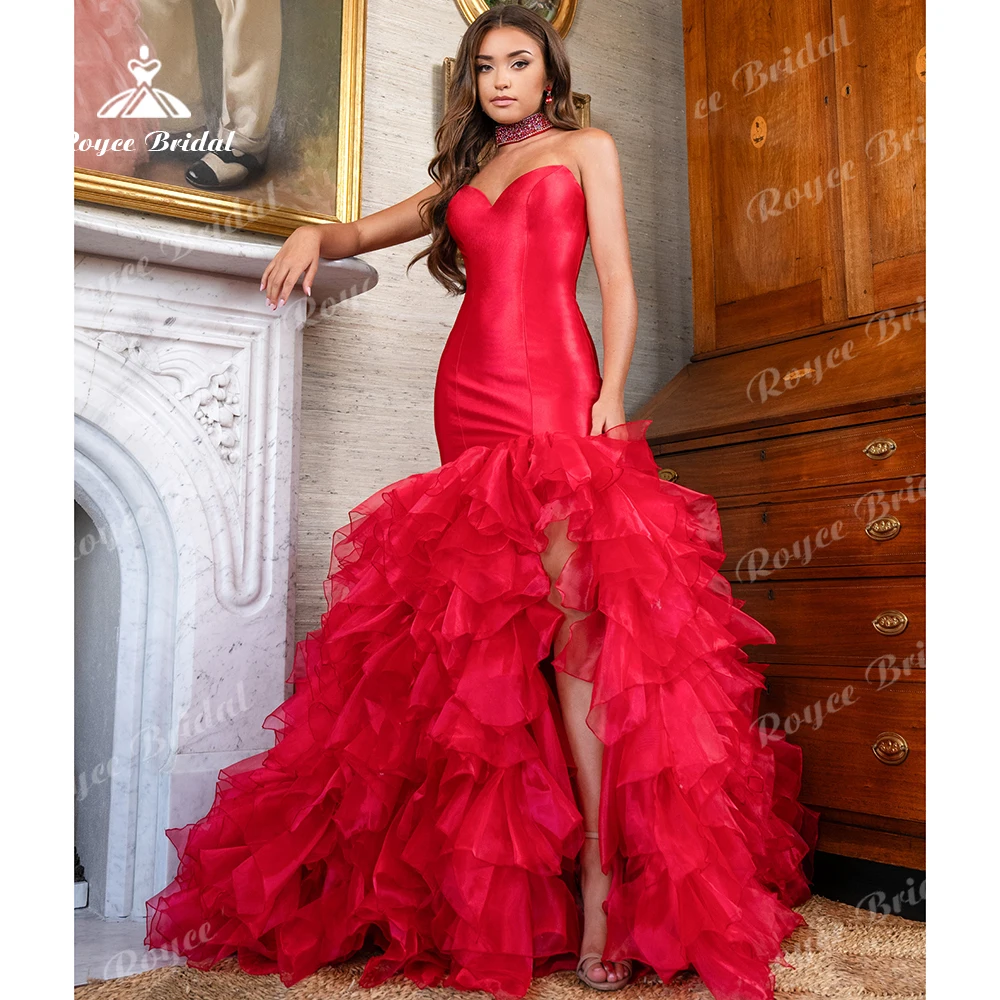 

Sweetheart Satin Prom Dress Tiered Ruffle Slit Youth Formal Gown Mermaid Evening Dress Plus Size vestidos de fiesta Customized