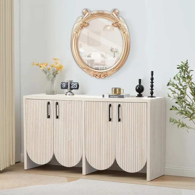 Рифленый буфет-буфет с местом для хранения вещей, Accent Credenza 4, изогнутые двери, регулируемые полки для кухни, гостиной