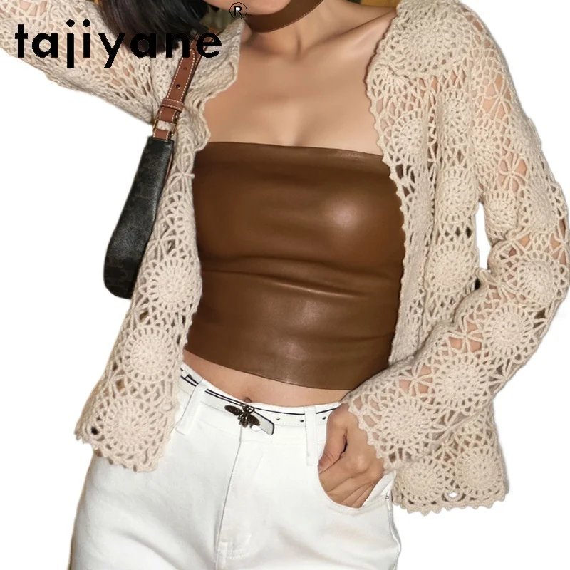 TAJIYANE Genuine Leather Tops Y2k Stretch Sheepskin Women's Tanks Crop Tops Women  Autumn Winter Sexy Tube Top Back Zipper 나시