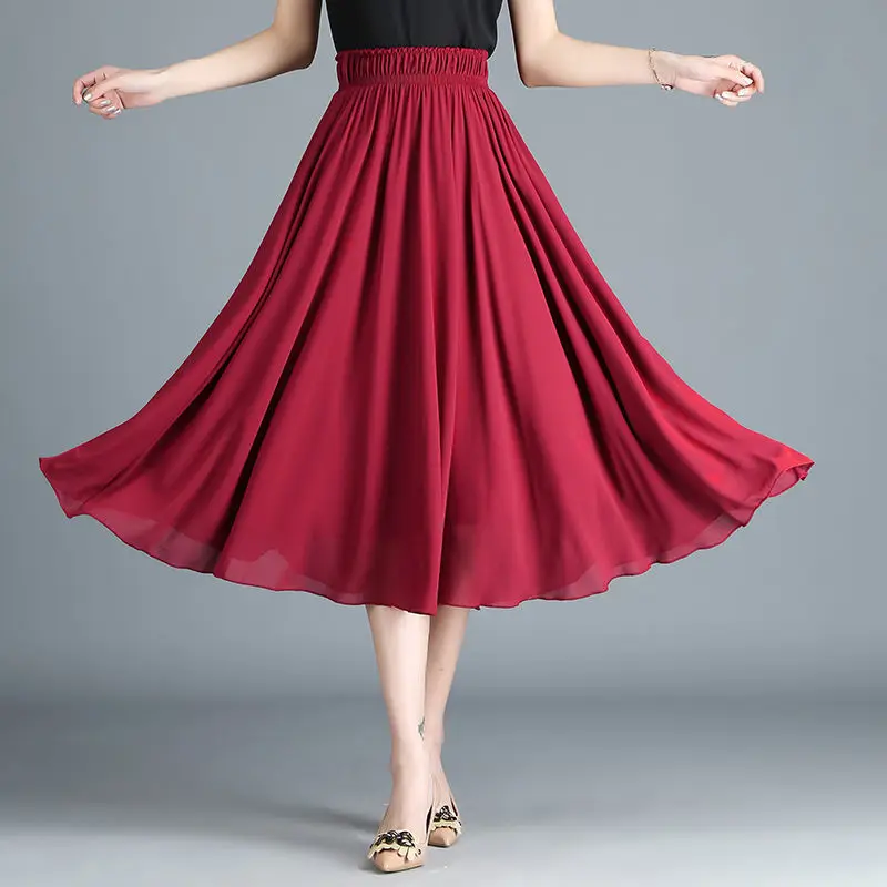 

2024 New Dance Skirt Pleated Long Skirt Women's Spring/Summer Solid Color High Waist Chiffon Casual Large Swing Skirt P884