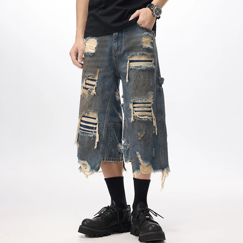 Summer Ripped Jeans Men Streetwear Loose Casual Beggar Broken Hole Plus Size Calf-length Baggy Jeans Pants Cowboy Trousers