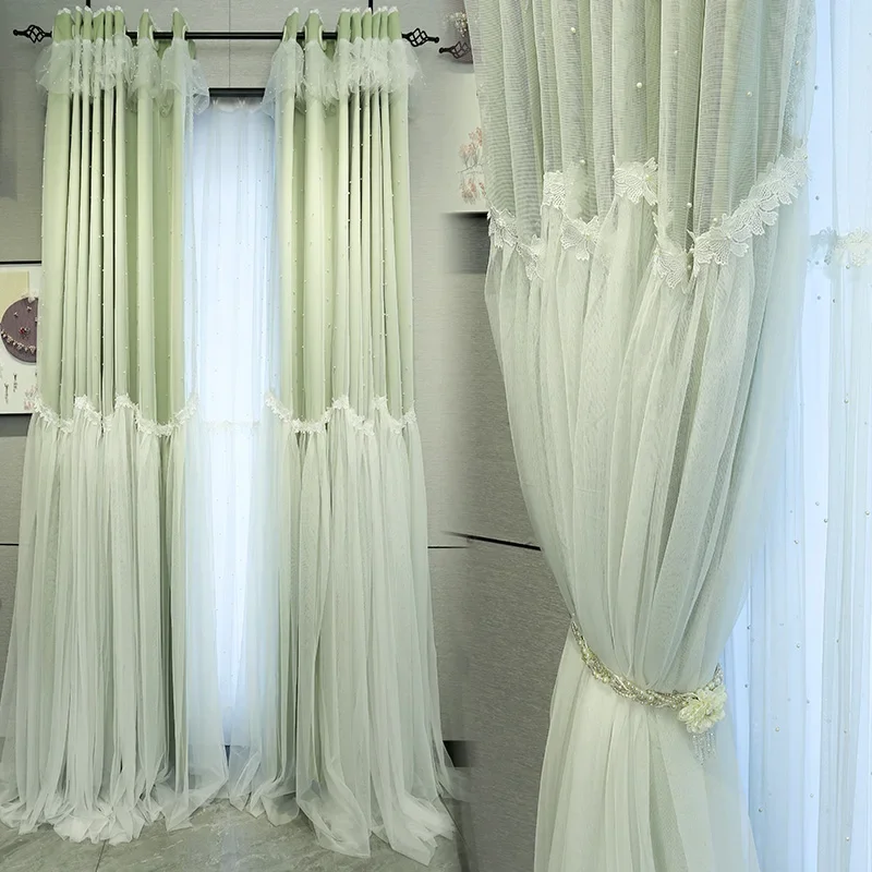 

Korean Spliced Green Curtain Blackout Warm Girls Room Window Floating Curtains for Living Dining room Bedroom Custom