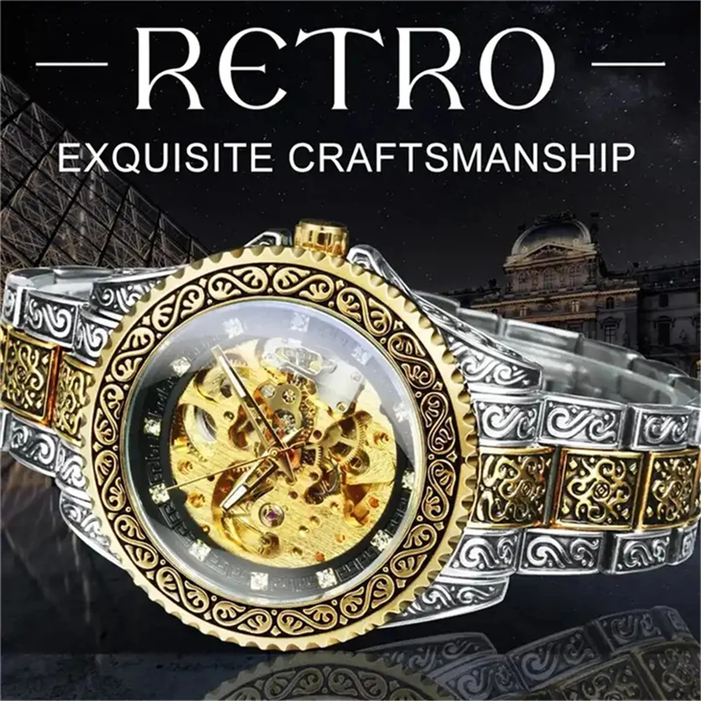 Forsining-Relógio de pulso mecânico automático masculino, impermeável, aço inoxidável, diamante, dourado, relógio vintage, 378B