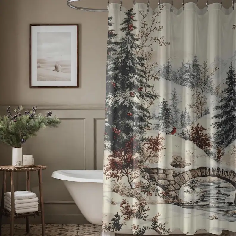 ستارة دش لمشهد الجبال لعيد الميلاد مع الخضرة الدائمة للشتاء والكاردينال، ديكور طبيعي جمالي لعطلة الحمام المنعشة #6